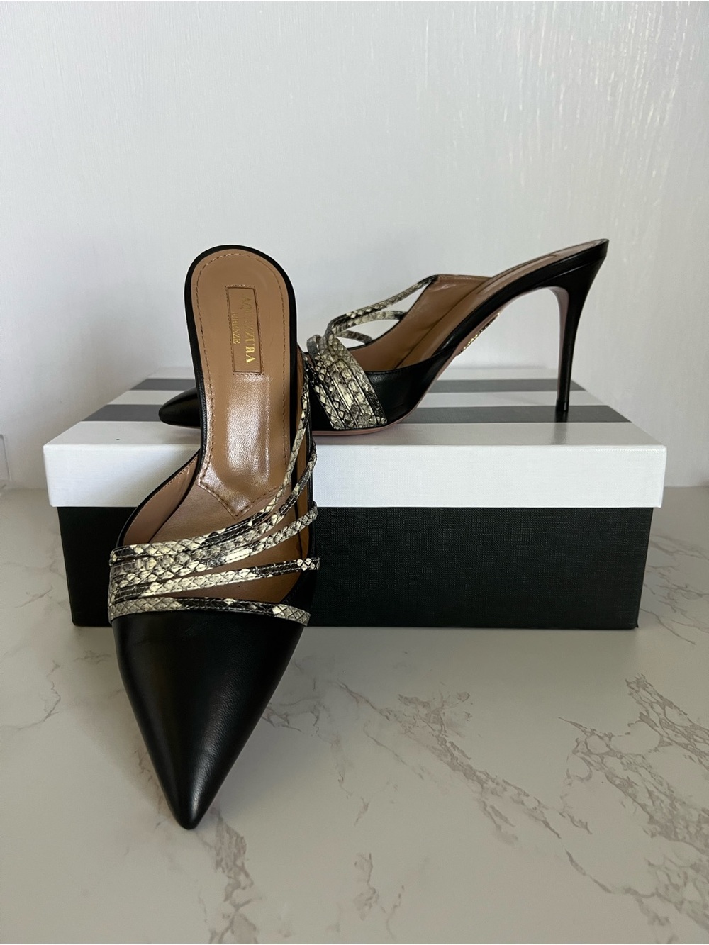 Aquazzura Black Nappa And Python Multi Strap Minou Mules 85 EU 38.5